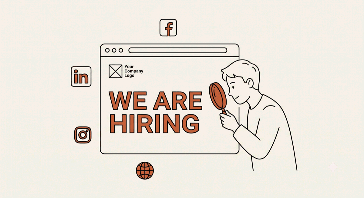 A young job candidate holds a magnifying glass up to a construction company's online presence &mdash; its website with a &lsquo;We Are Hiring&rsquo; banner plus LinkedIn, Facebook, and Instagram icons.