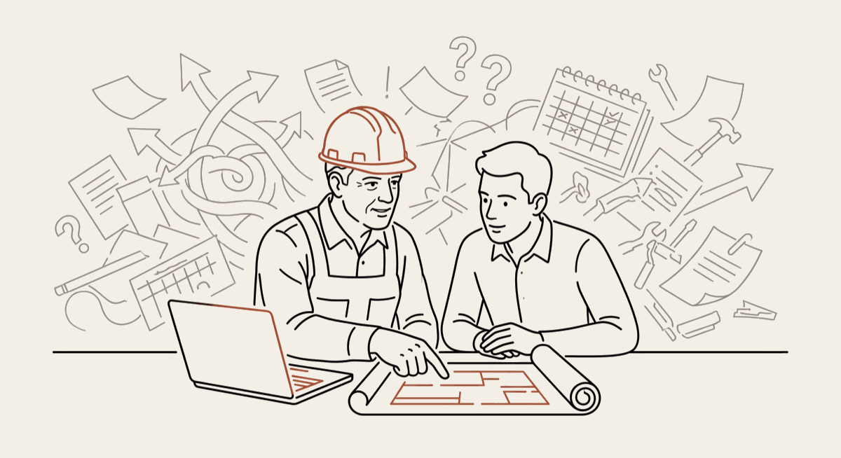 An experienced hard-hat foreman and a younger worker look together at a laptop and a blueprint, with faint sketched arrows, question marks, calendars, and tools behind them &mdash; the knowledge-transfer problem in construction and restoration.